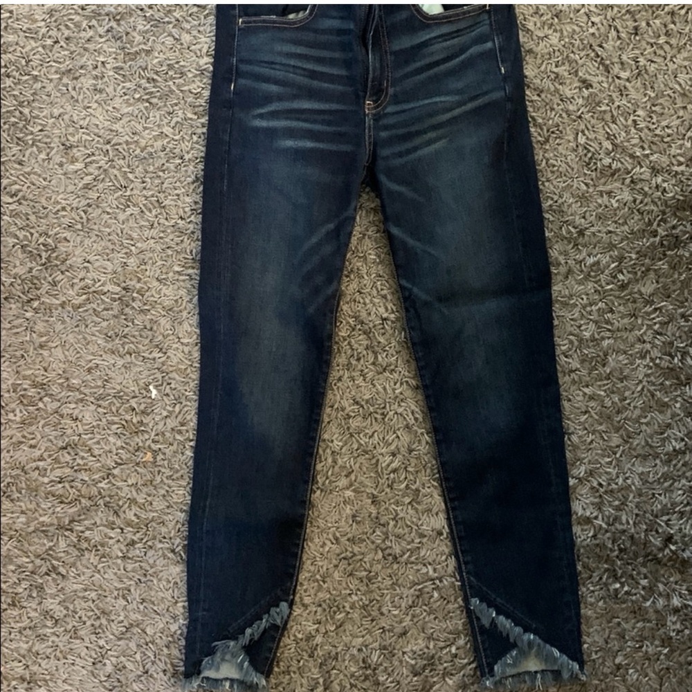 Women's Dark Blue Jeans with Frayed Hem
